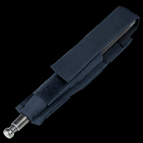 The Condor Baton Pouch in navy features a metal clip and a partially open design that displays the flashlight inside; its MOLLE compatibility makes it perfect for law enforcement professionals.
